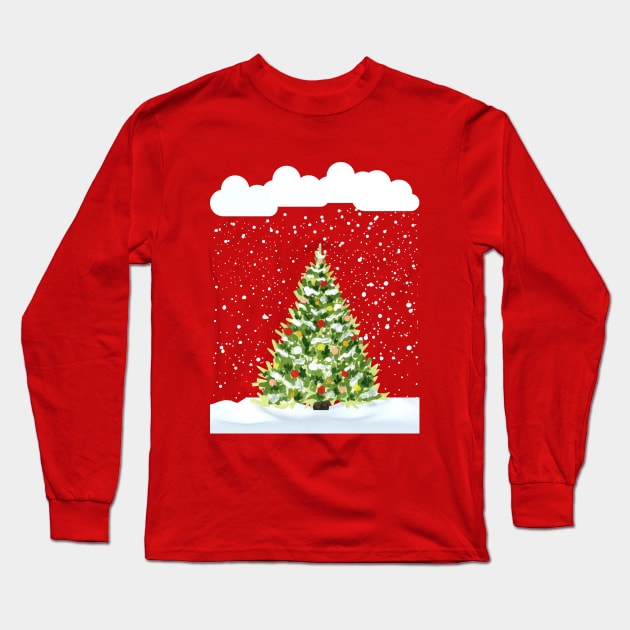 Christmas tree snowing outdoor Christmas tree in snowstorm snow lover Long Sleeve T-Shirt by Artstastic